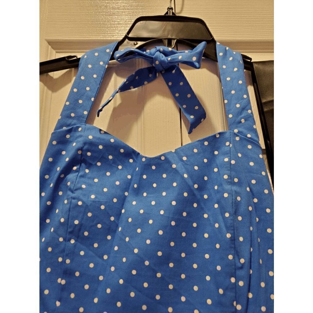 💙 NWT Pinup Retro 1950s Blue Polka Dot Tulle Hem Halter Tea Dress with Belt M - Picture 11 of 14